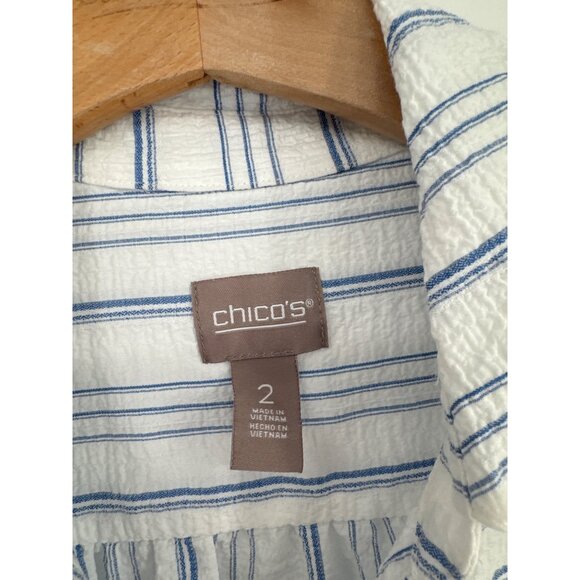 Chicos 2 Womens Striped crinkle Button-Up Shirt Size large tie front Blue White - Picture 2 of 4